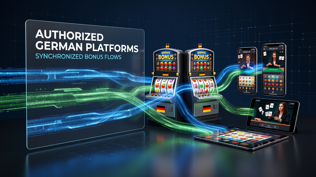 Illustration der Netzwerke zwischen deutschen Glücksspielplattformen, Slot-Systemen und mobilen Live-Dealer-Sessions mit Fokus auf Bonus-Synchronisation
