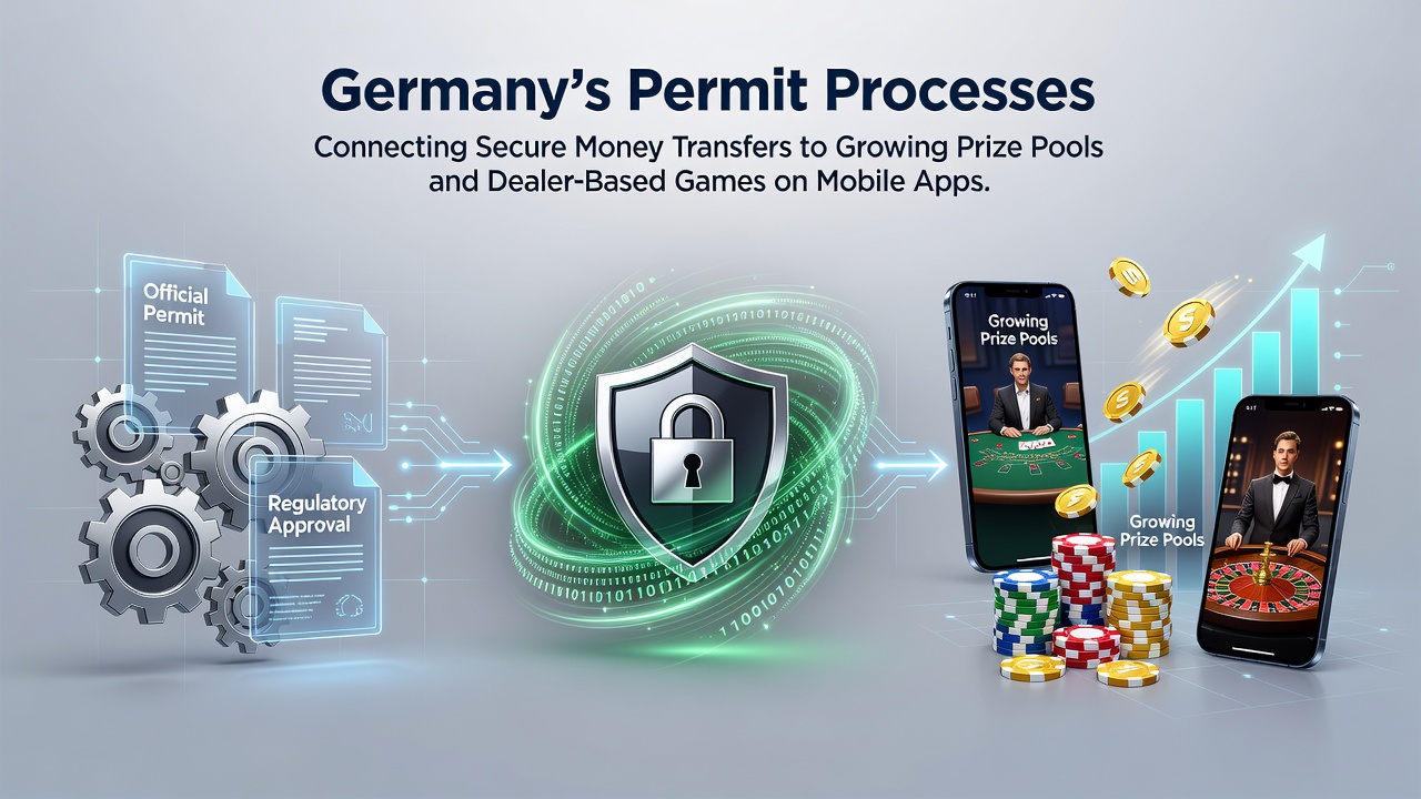 Illustration zu deutschen Genehmigungsprozessen für mobile Gaming-Plattformen mit Fokus auf Zahlungssicherheit und Jackpots